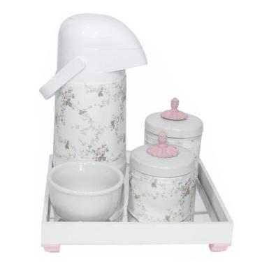 Imagem de Kit Higiene Espelho Potes, Garrafa, Molhadeira E Capa Provençal Rosa Q