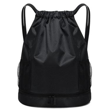 Imagem de Bolsa com cordão, mochila leve com suporte para garrafa de água e bolsos, mochila esportiva de ginástica, Preto, Large, Esportes
