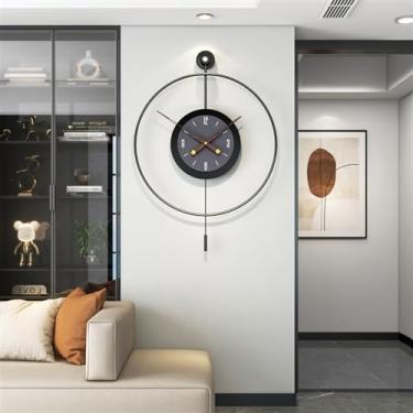 Imagem de Relógio de parede grande de metal para decoração de sala de estar moderno, design silencioso relógio de parede com pêndulo grande clássico para sala de estar, cozinha (cor: preto, tamanho: 60 x 92 cm)