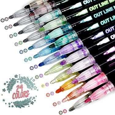 Imagem de Conjunto de 24 cores de marcadores brilhantes super rabiscos, canetas de contorno de linha dupla, marcadores metálicos autodelineados para desenho, arte, cartão de felicitações, projeto de artesanato,
