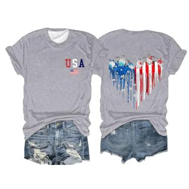 Imagem de Camiseta feminina com bandeira americana Dia da Independência 4 de julho top patriótico coração gráfico túnica verão blusa solta casual, Cinza, G