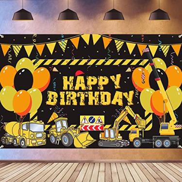 Imagem de Construction Happy Birthday Banner Large Dump Truck Photography Backdrop Excavator Crane Digger Photo Background Party Decoration for Boys Kids Construction Baby Shower Birthday Party Supplies