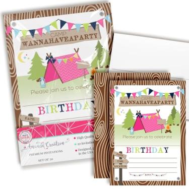 Imagem de Convites de festa de aniversário de acampamento para meninas, 20 cartões de preenchimento de 12,7 x 17,7 cm com vinte envelopes brancos da AmandaCreation