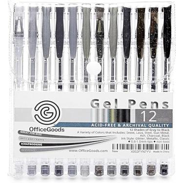 Imagem de OfficeGoods Canetas de gel cinza e preto com refis – Glitter Metallic Classic – Pontas médias de 0,8 – 1,0 mm – Conjunto de canetas de gel não tóxicas – Secagem rápida, sem manchas, pacote com 12