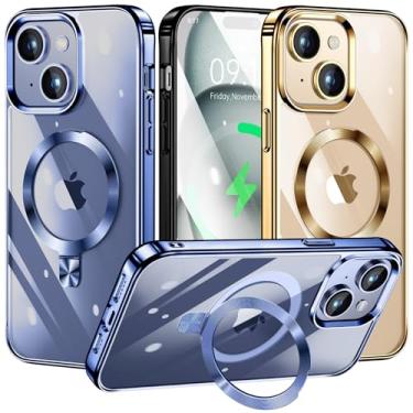 Imagem de TLIKEMISS [Anel de CD compatível com suporte invisível MagSafe] Capa magnética para iPhone 15, [amortecedor galvanizado sem amarelo][parece um iPhone nu] Capa fina transparente com suporte para