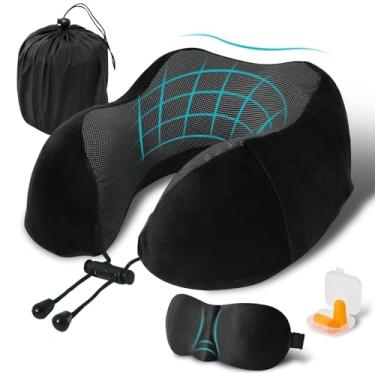 Imagem de Almofada de viagem, travesseiro de pescoço de espuma viscoelástica para viagem, travesseiro de pescoço em forma de U, kit de viagem portátil de avião, com máscaras de olhos contornadas 3D e tampão de