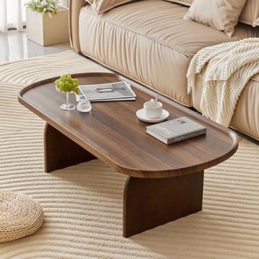 Imagem de Mesa de centro oval, mesas de centro modernas de meados do século, mesa central de coquetel de grão de madeira com pernas de mesa de madeira maciça, para sala de estar e quarto