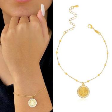 Imagem de Pulseira Feminina Medalha São Bento Cravejada Pedra Zircônia - Santo E