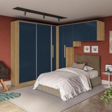 Imagem de Quarto Modular Kappesberg Adapt Nogueira/Azul Profundo 6 Peças 246cm x