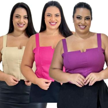 Imagem de Kit 3 Cropped Top Plus Size Alfaiataria Luxo Com Detalhe Lastex Moda F