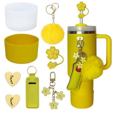 Imagem de Acessórios para Stanley Cup 1,134 g, 2 botas de silicone para copo Stanley, 1 cobertura de palha de flor, 2 ganchos de pingentes, 1 bolsa de suporte de batom, 1 bola pompom, 1 pingente de chaveiro