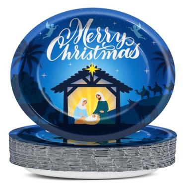 Imagem de QOUBAI 50 peças de pratos ovais de Natal para presépio de 28 cm grande, conjunto de utensílios de mesa para presépio Jesus descartável para festa de Natal, casa, férias de inverno, suprimentos de