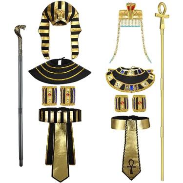 Imagem de Geosar Conjunto de 10 acessórios para fantasia egípcia de Halloween, inclui chapéu de faraó, enfeite de cabeça com contas de cobra, bastão de rainha egípcia, bengala de cobra, 2 cintos egípcios, 2