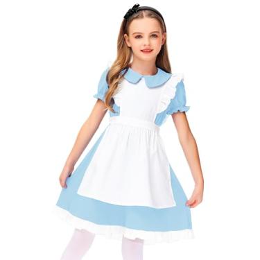 Imagem de Deerose Vestido de fantasia infantil adulto bule branco com avental vestido de princesa de Halloween, K azul-claro, 9-10 Anos