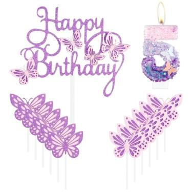 Imagem de iNINGER Velas de aniversário, vela número 5, decorações de 5º aniversário de borboleta para mulheres/meninas, vela de cupcake para festa, vela numeral de lantejoulas roxa feita à mão enfeite de bolo