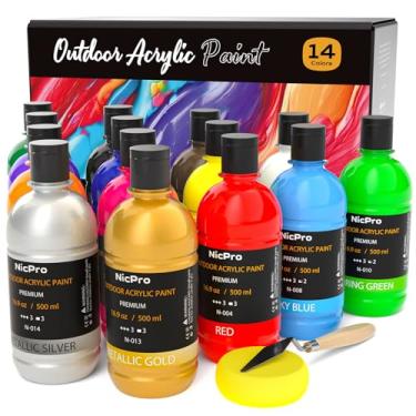 Imagem de Nicpro Conjunto de tintas acrílicas para uso externo a granel grande de 14 cores (479 g, 500 ml) Material de pintura de arte rica, não tóxico para telas de várias superfícies, tecido de couro de rocha, metal, artesanato de parede com roda colorida