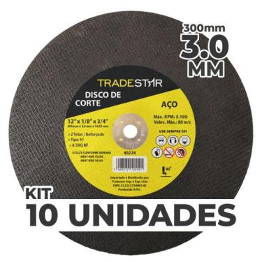 Imagem de Kit c/ 10 Disco de Corte Metal 12" 300x3,0 mm Furo 19,05 mm - Tradesta
