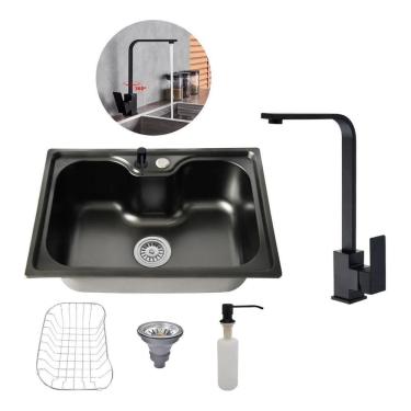 Imagem de Kit Cuba Cozinha Gourmet Aço Inox 60X42 Torneira Slim Preto