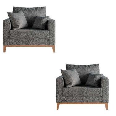 Imagem de Kit 02 Poltrona Beny Pés E Base Em Madeira Linho Grafite - Fm - Fina M