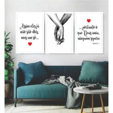 Imagem de Quadro Decorativo Quarto Casal Frases Deus Mãos Dadas Kit 3 peças 20x3