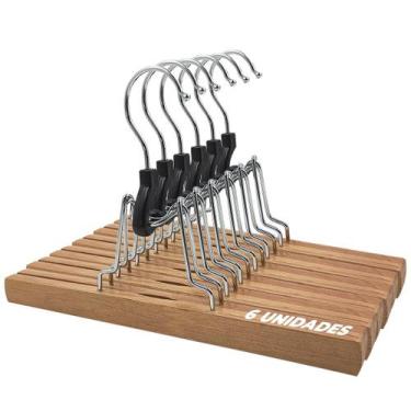 Imagem de Kit 6 Cabides Madeira Clip Feltro 25cm Saias Anti Amassados - Arboreth