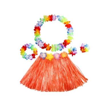Imagem de Kit Fantasia Saia Havaiana 40 cm Pulseira Tiara Colar Festas Carnaval 