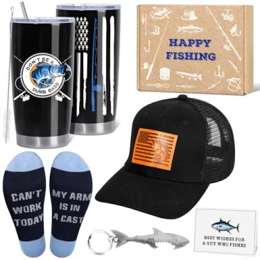 Imagem de UAREHIBY Presentes de pesca para homens, presentes de aniversário engraçados com meias de pesca e chapéu para ele, meias de Natal para meninos, filho, marido, namorado, presentes de pescador para pai,