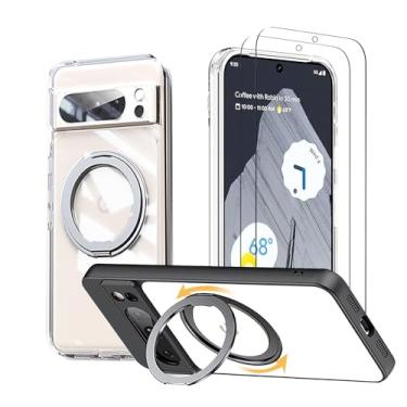 Imagem de HCXLYP Capa com suporte magnético para Google Pixel 8 Pro [com 2 películas de vidro temperado] [suporte magnético de rotação de 360°] [compatível com Magsafe] Capa de proteção contra quedas de grau