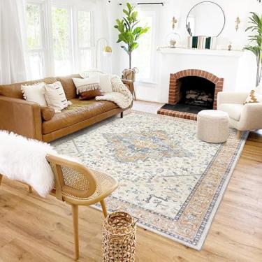 Imagem de BILEEHOME Tapete boêmio para sala de estar 13 x 17 cm vintage oriental tecido à máquina lavável cores brilhantes tapete de área colorido dinâmico, laranja e azul