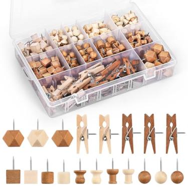 Imagem de GOOLADA 300 pinos de madeira, 2 cores e 7 tipos de tachinhas decorativas para polegar, grampos bonitos para polegar, pinos de madeira para quadro de cortiça, tachinhas de madeira para quadro de