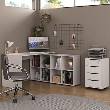 Imagem de Kit 2 Peças com Escrivaninha em L Nero com 8 Nichos e Gaveteiro 4 Gavetas com Chave Bit Branco