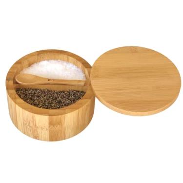 Imagem de Caixa de sal e pimenta de bambu – 2 compartimentos – Colher de servir embutida – Tampa giratória com ímã para manter seco, livre de poeira – Tigela de suporte de recipiente de tempero para adega de sal – Divisor com capacidade de 200 g