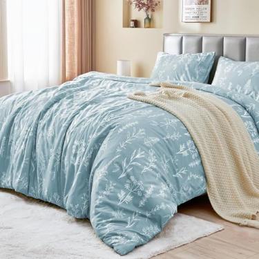 Imagem de MUXHOMO Capa de edredom tamanho casal, conjunto de capa de edredom azul mineral reversível floral com fecho de zíper, conjunto de cama de microfibra macia com 3 peças de padrões botânicos com 4 laços