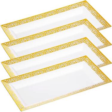 Imagem de Conjunto de bandejas e travessas descartáveis, pacote com bandeja retangular de plástico branco de 10 a 19 x 35 cm com borda de renda dourada – Bandeja de servir em ouro, bandejas de sobremesa de