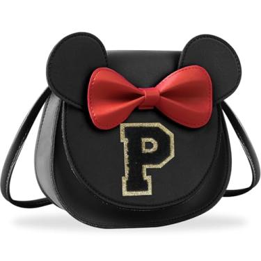 Imagem de Presentes de aniversário para meninas de 2, 3, 4, 5, 6, 7, 8, 9 e 10 anos de idade, bolsa infantil infantil para meninas pequenas com laço de orelha de rato personalizado, Letra preta pequena, Petite,