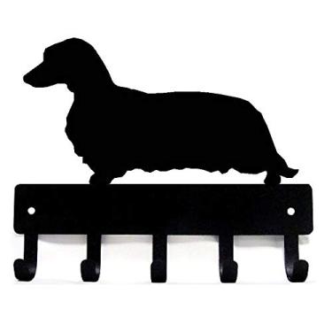 Imagem de The Metal Peddler Presentes de cachorro Dachshund de pelo comprido - Porta-chaves para parede - Pequeno 15 cm de largura com 5 ganchos - Feito nos EUA