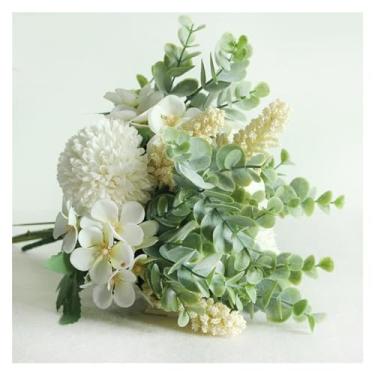 Imagem de Decoração de primavera - Buquê de casamento flor sintética de seda artificial buquê de dama de honra branco roxo pompom folha de eucalipto suprimentos de casamento, plantas artificiais artificiais