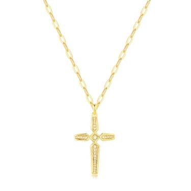 Imagem de BENEIGE Colar de cruz de ouro banhado a ouro 14 K, delicada, simples, corrente de zircão cúbico, colar com pingente de cruz celta, joia para mulheres e homens, Latão, Sem Pedra Preciosa