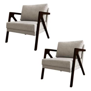 Imagem de Kit 2 Poltronas Mona Monique Luxo Base Madeira Maciça Castanho Linho B