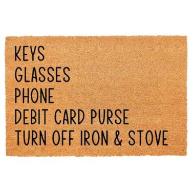 Imagem de Capacho engraçado de coco, chaves, óculos, telefone, cartão de débito, desligue ferro e fogão, porta da frente, tapete de entrada com resistente, varanda, pátio, tapetes de boas-vindas, tapete de coco