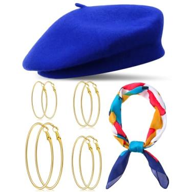 Imagem de Shyyween Conjunto de 6 peças de cachecol de seda com sensação de 70 cm, boina francesa, para mulheres, conjunto de brincos de argola banhados a ouro, tinta a óleo, lenço de cabeça para presente, Azul