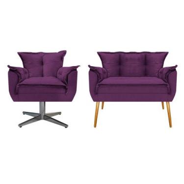 Imagem de Kit Namoradeira e Poltrona Opala Base Giratória de Metal Sala de Estar