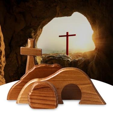 Imagem de A Cena de Páscoa da Tumba Vazia, Decorações de Cruz Cristã de Páscoa, Kit de Páscoa Religioso Túmulo de Jesus, Exibição de Túmulo de Páscoa para Casa, Mesa, Escritório - Madeira (Marrom Escuro)