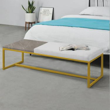 Imagem de Calçadeira Recamier Londres 160cm Industrial Dourado Suede Branco Tampo Quadrado mdf Marmorizado - Ahz Móveis