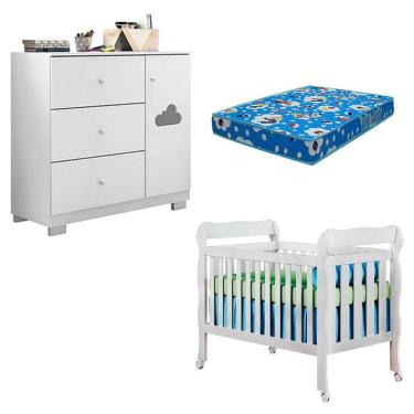 Imagem de Berço Americano Lila e Cômoda Infantil Ane Branco Brilho com Colchão Ortobom – Phoenix Baby