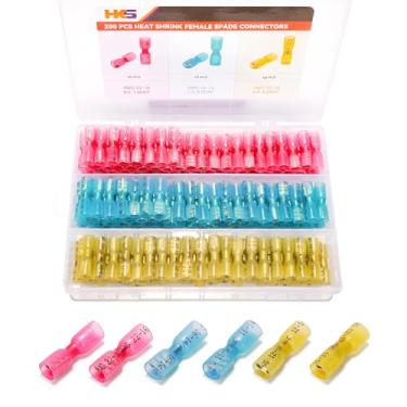 Imagem de HKS Kit de Conector de Pá Fêmea de 200 Unidades - Kit de Conectores de Fio de Desconexão Rápida Elétrica Termorretrátil - Cobre Vermelho Estanhado - Terminal de Crimpagem Marinho Automotivo - À Prova