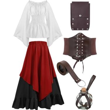 Imagem de Hillban Women Medieval Renaissance Dress Costume Halloween Blouse Top Skirt Pouch Corset Belt Bottle(Dark Red, Large)