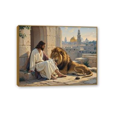 Imagem de Arte de parede em tela de Jesus e Cordeiro, Catedral de Judá e Leão, Cristão Jesus Rei Leão Impressão Pôster Pintura Religiosa Arte Igreja Decoração de Parede Imagens 65 x 50 cm Moldura dourada