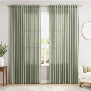 Imagem de Cortinas de linho extra largas de 250 cm para divisória de sala de estar, filtro de luz, semitransparente, cortina de pátio para porta deslizante, verde sálvia, decoração costeira, sala de estar