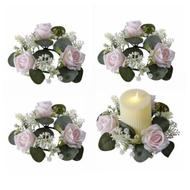 Imagem de Youshe Anéis de vela rosa artificial, grinalda floral de primavera com eucalipto dia dos namorados coroas de vela para pilar vela lanterna casamento centro de mesa festa decoração de mesa de casa